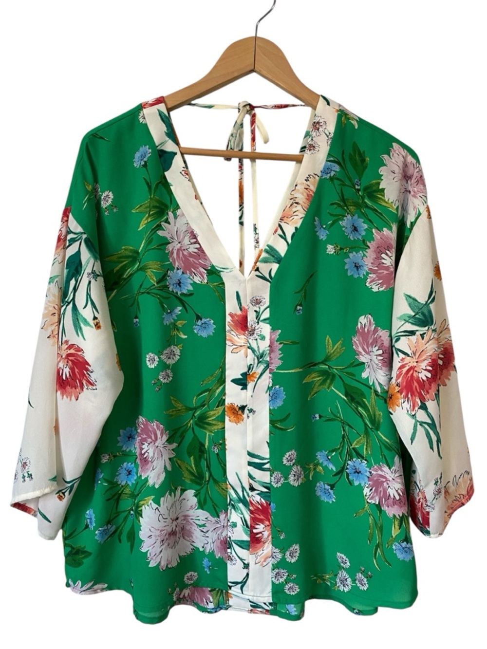 Chenault Emerald Green Floral Tie-Back Blouse with Cream Panels size M